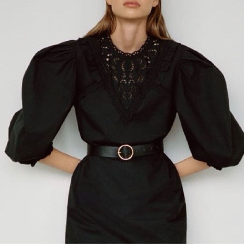 Zara Mock Neck Lace Voluminous Poplin Dress long sleeve mini size S - Picture 8 of 8